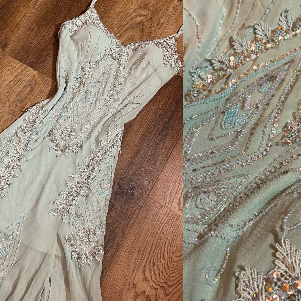 Vintage Green 100% Silk Beaded Dress Vintage Silk Dress Fairy Sue Wong Prom - Picture 17 of 17
